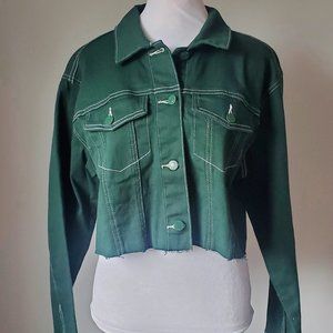 GOGO JEANS Trendy Cropped Denim Jacket Frayed Cut-off Forest Green White Stitch